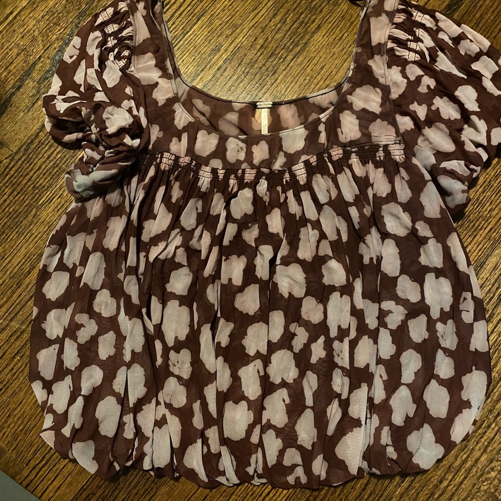 Free People Brown and Cream Camouflage Blouse